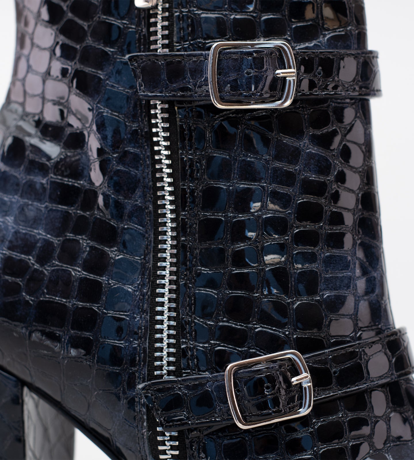 Bota Cano Médio Couro Verniz Croco Azul Marinho