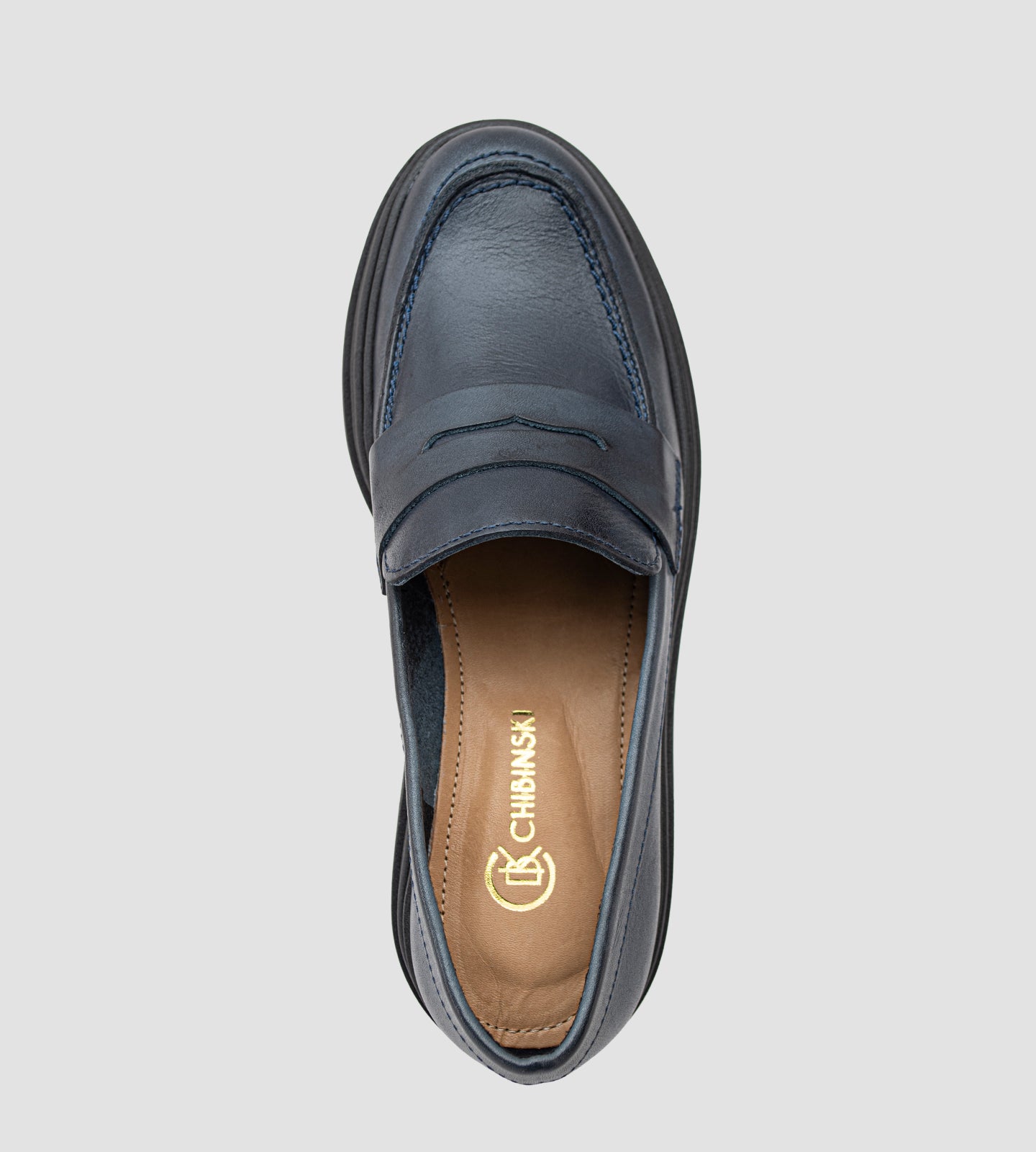 Mocassim Feminino Salto Tratorado Couro Azul Marinho