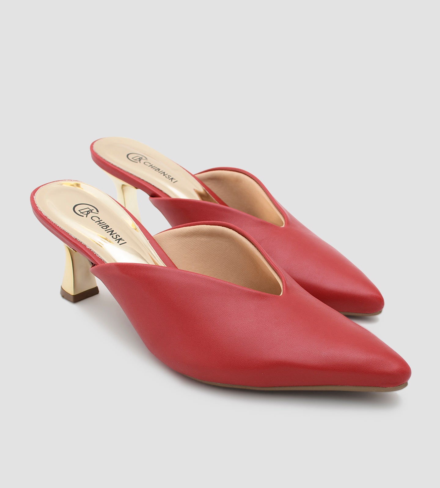 Mule Vermelho CHIBINSKI em Napa com Salto Esculpido Dourado 7cm