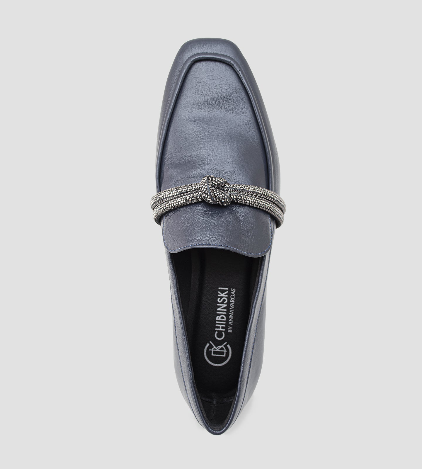 Sapato Loafer Strass Couro Azul Marinho