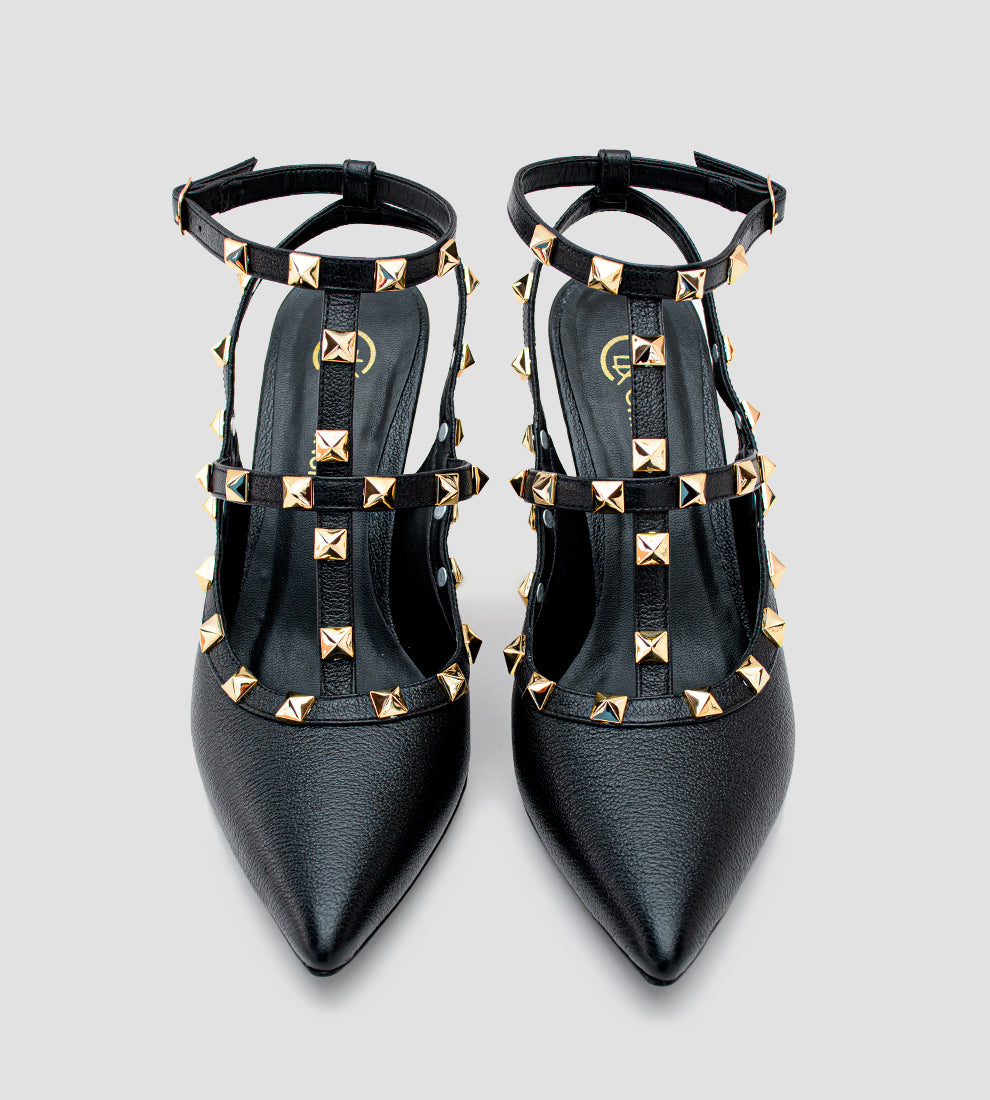 Scarpin Slingback em Couro Preto com Tachas