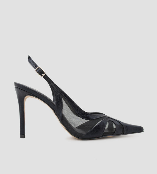 Scarpin Slingback Couro Detalhes de Tela Preto