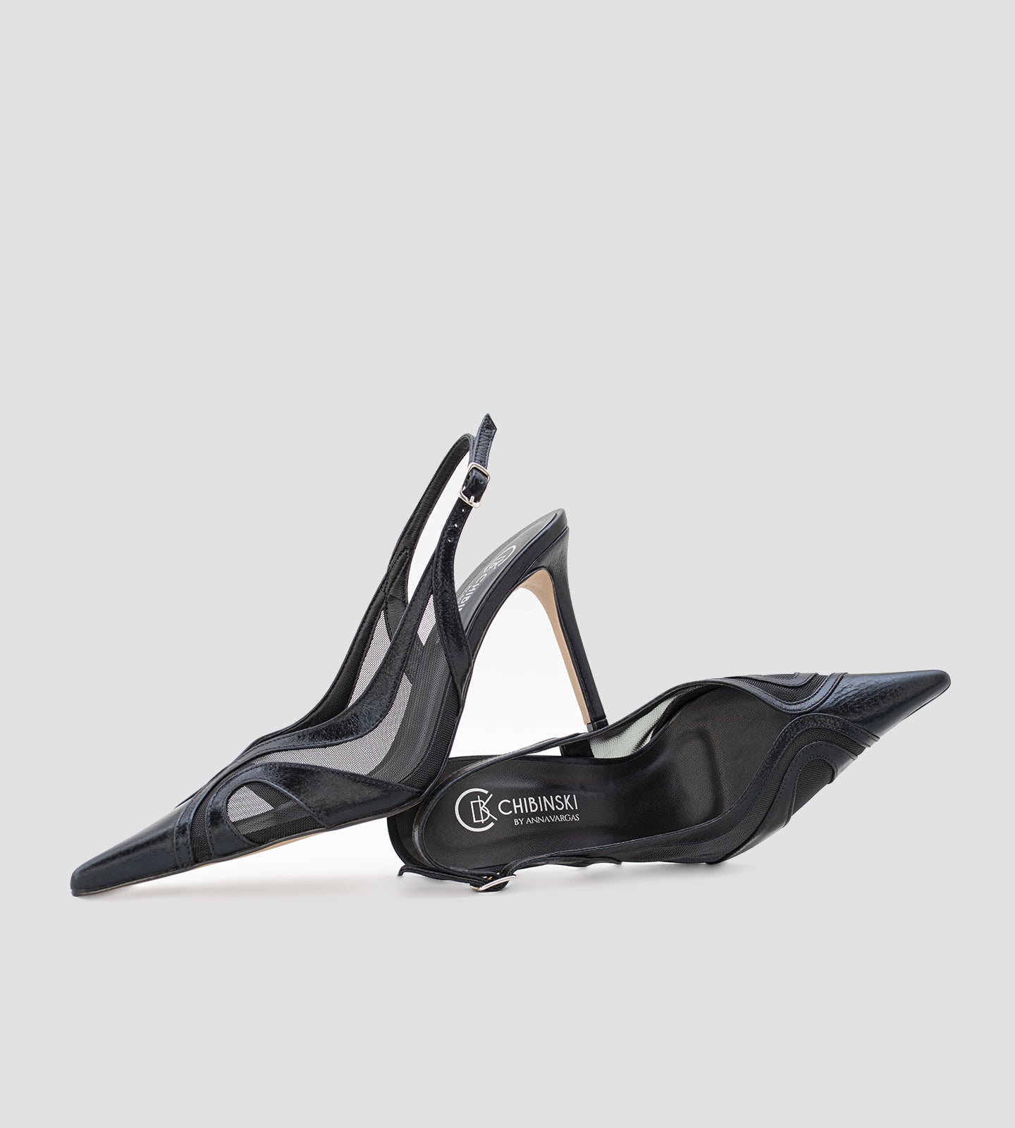 Scarpin Slingback Couro Detalhes de Tela Preto