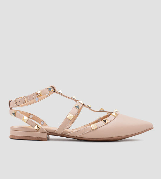 Sapatilha Slingback Detalhes Spikes Couro Nude