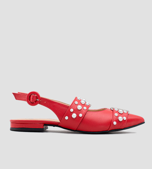 Sapatilha Slingback Detalhes Spikes Couro Vermelho