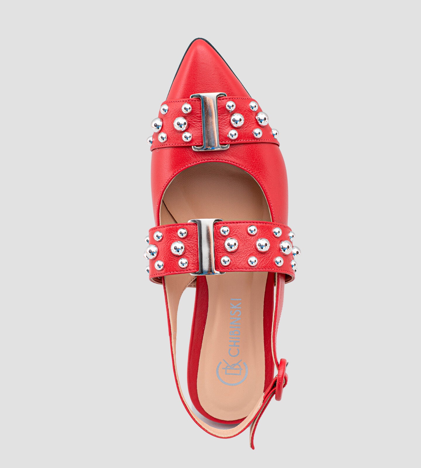 Sapatilha Slingback Detalhes Spikes Couro Vermelho