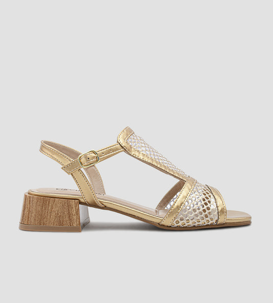 sandália dourada feminina com salto bloco de 4cm e tiras em tela brilhante
