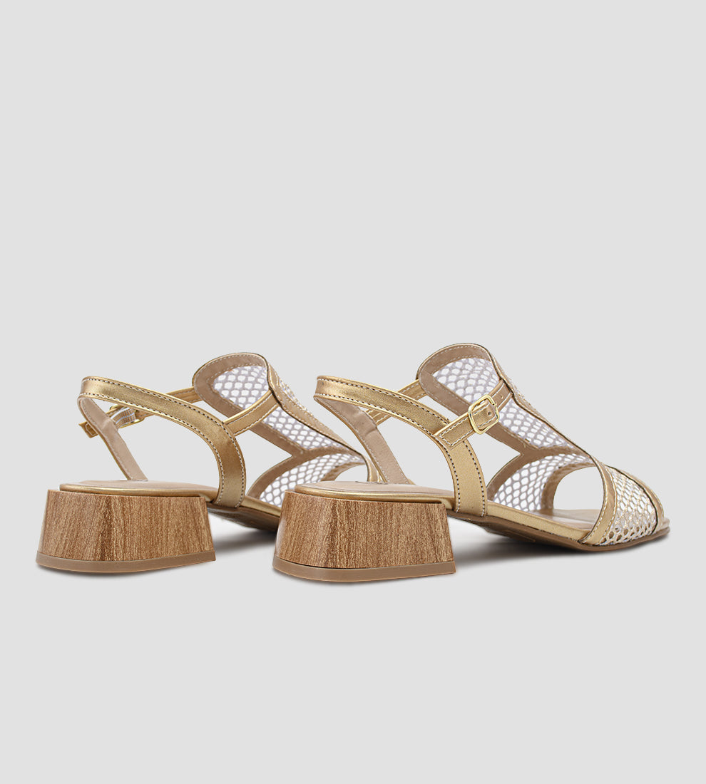 sandália dourada feminina com salto bloco de 4cm e tiras em tela brilhante