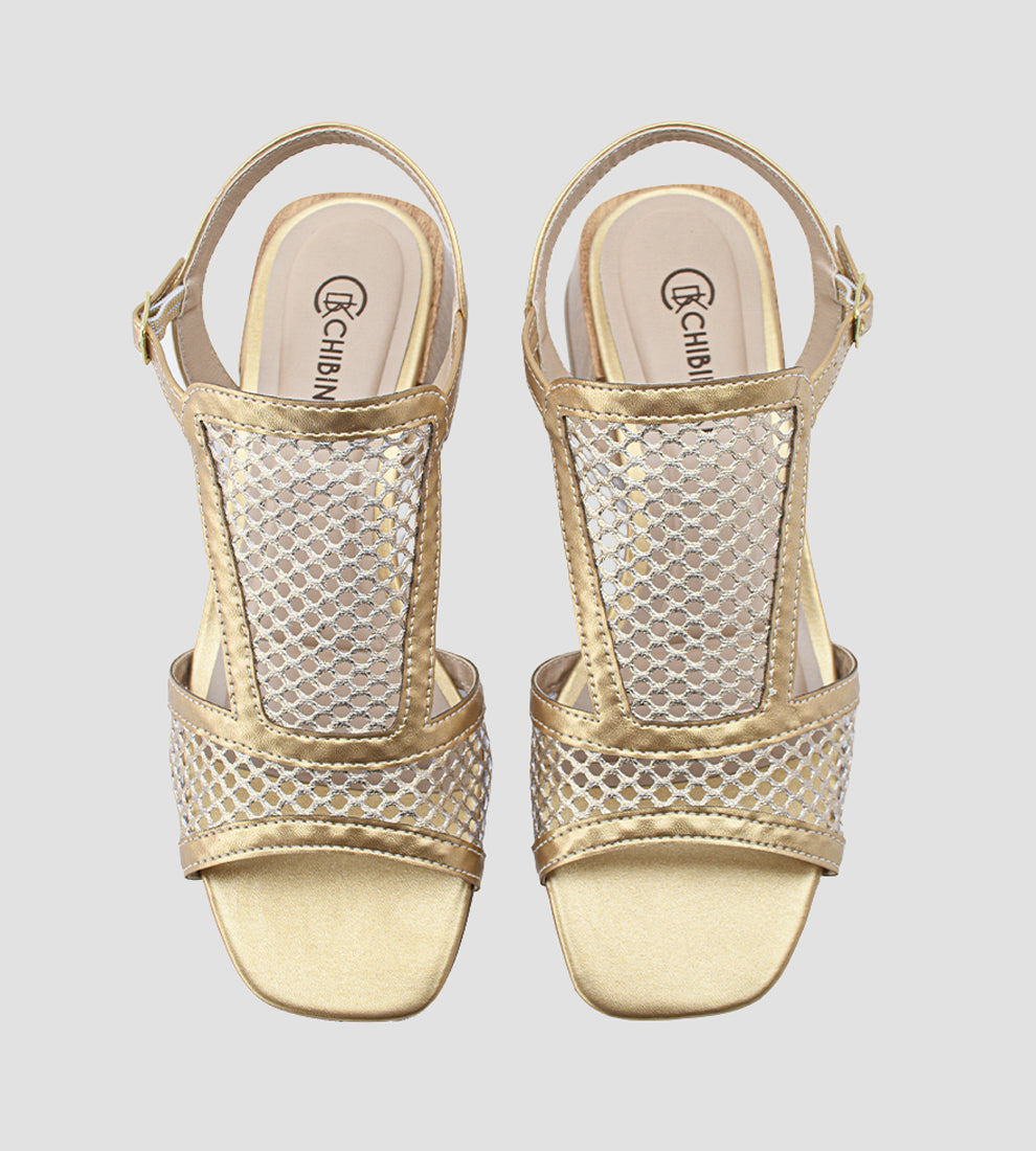 sandália dourada feminina com salto bloco de 4cm e tiras em tela brilhante