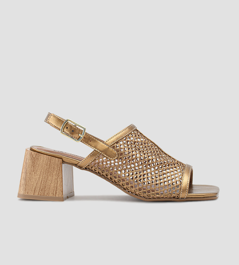sandália festa bronze feminina com tela vazada e salto bloco amadeirado