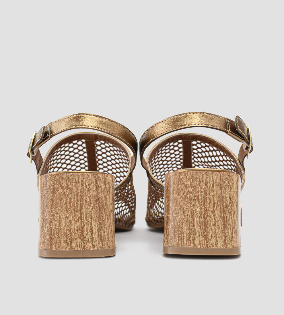 sandália festa bronze feminina com tela vazada e salto bloco amadeirado