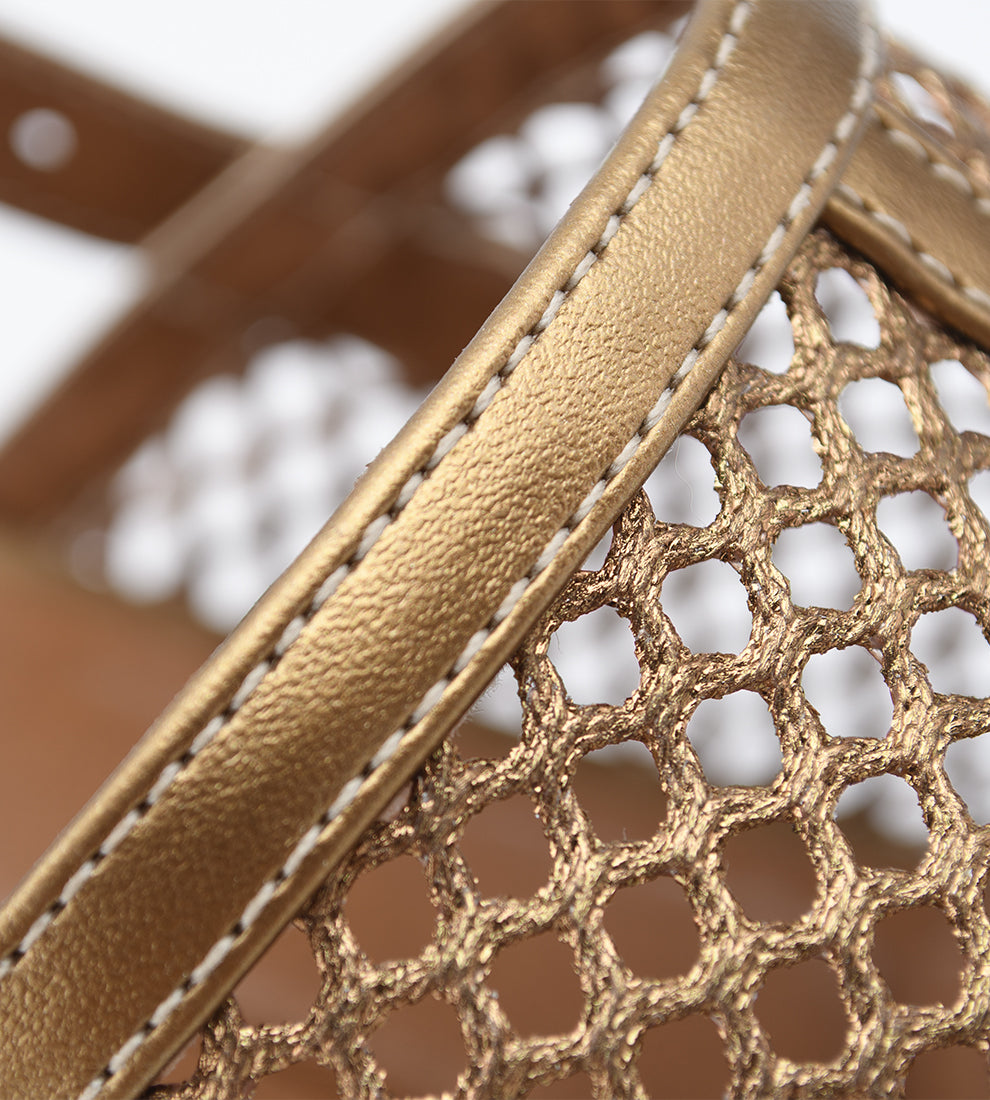 sandália festa bronze feminina com tela vazada e salto bloco amadeirado