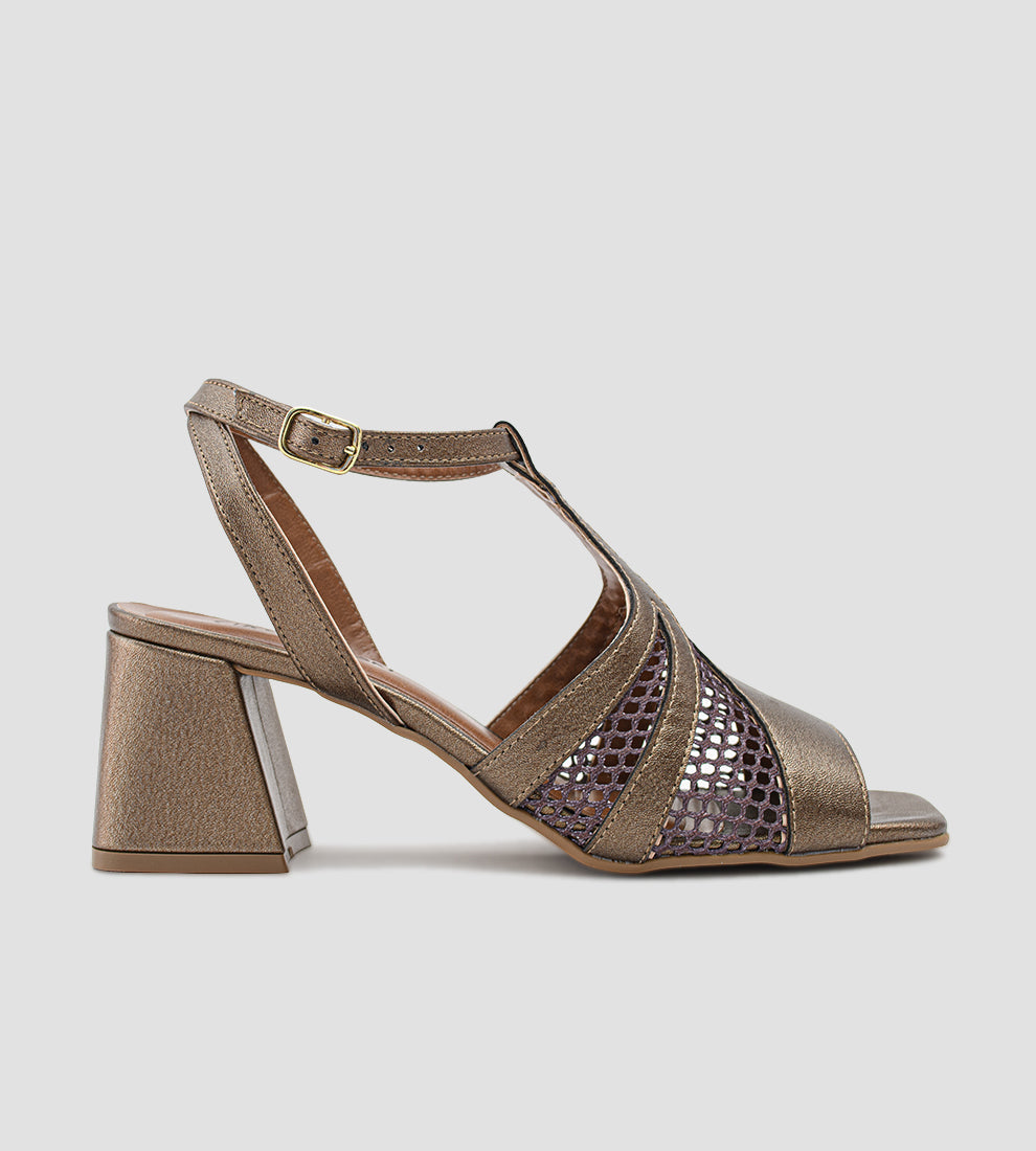 sandália festa prata velho feminina com tela vazada e salto bloco médio