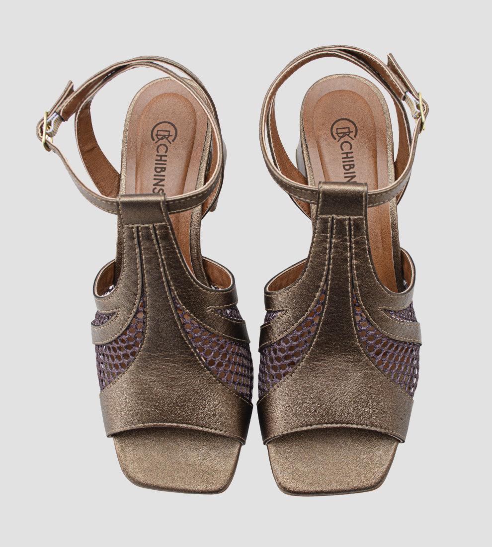 sandália festa prata velho feminina com tela vazada e salto bloco médio