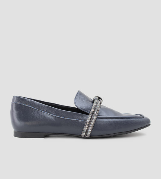 Sapato Loafer Strass Couro Azul Marinho
