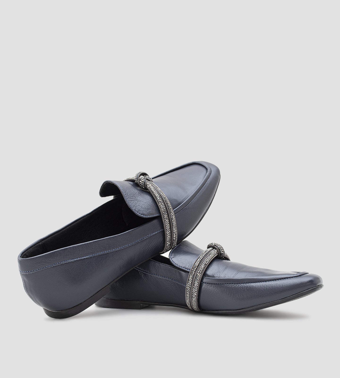 Sapato Loafer Strass Couro Azul Marinho