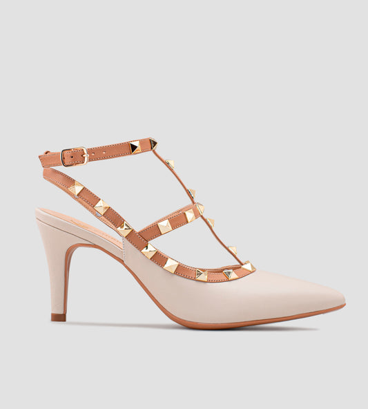 Scarpin Aberto Slingback Salto Fino Detalhes Spikes Couro Nude