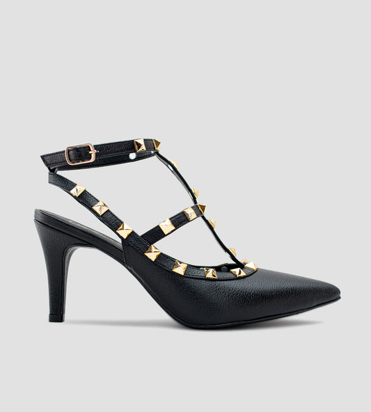 Scarpin Slingback em Couro Preto com Tachas