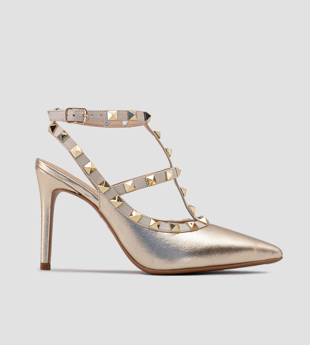 Scarpin Aberto Salto Fino Detalhes Spikes Couro Dourado