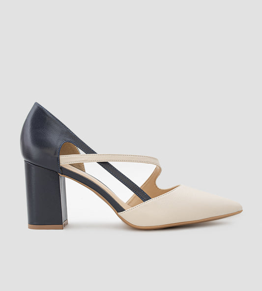 Scarpin Bicolor Couro Nude e Azul Marinho
